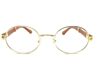 Classic Retro Luxury Designer Hip Hop Style Clear Lens EYEGLASSES Oval Gold Frame - Faux Wooden Arms 27723