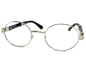 Classic Retro Luxury Designer Hip Hop Style Clear Lens EYEGLASSES Oval Silver Frame - Faux Wooden Arms 27723