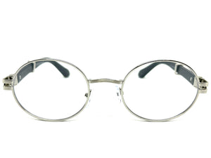 Classic Retro Luxury Designer Hip Hop Style Clear Lens EYEGLASSES Oval Silver Frame - Faux Wooden Arms 27723