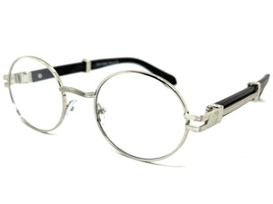 Classic Retro Luxury Designer Hip Hop Style Clear Lens EYEGLASSES Oval Silver Frame - Faux Wooden Arms 27723