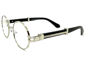Classic Retro Luxury Designer Hip Hop Style Clear Lens EYEGLASSES Oval Silver Frame - Faux Wooden Arms 27723