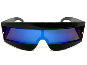 Space Futuristic Robotic Cyclops Shield Costume Party SUNGLASSES Black Frame - Blue Lens K019