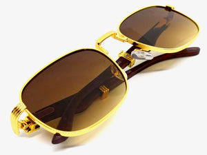 Classy Elegant Luxury Retro Hip Hop Style SUNGLASSES Large Gold & Wooden Frame 5262