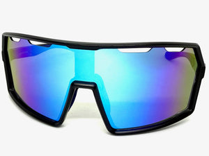 Oversized Retro Sporty Wrap Around Shield Style SUNGLASSES Large Black Frame - Blue Lens 5314