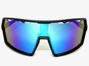 Oversized Retro Sporty Wrap Around Shield Style SUNGLASSES Large Black Frame - Blue Lens 5314