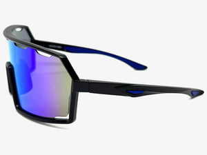 Oversized Retro Sporty Wrap Around Shield Style SUNGLASSES Large Black Frame - Blue Lens 5314