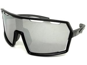 Oversized Retro Sporty Wrap Around Shield Style SUNGLASSES Large Black Frame - Silver Lens 5314