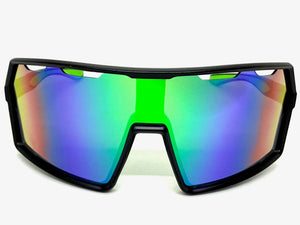 Oversized Retro Sporty Wrap Around Shield Style SUNGLASSES Large Black Frame - Green Lens 5314