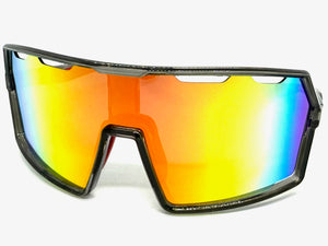 Oversized Retro Sporty Wrap Around Shield Style SUNGLASSES Large Gray Frame - Gold Lens 5314