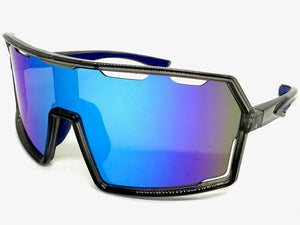 Oversized Retro Sporty Wrap Around Shield Style SUNGLASSES Large Gray Frame - Blue Lens 5314