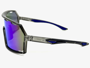 Oversized Retro Sporty Wrap Around Shield Style SUNGLASSES Large Gray Frame - Blue Lens 5314