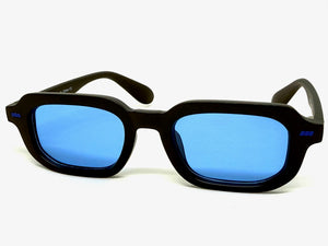 Classic Vintage Retro Style SUNGLASSES Geometric Matte Black Frame - Blue Lens 1257