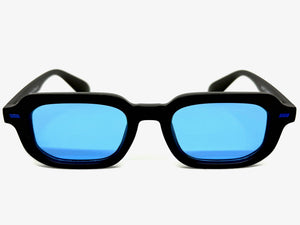 Classic Vintage Retro Style SUNGLASSES Geometric Matte Black Frame - Blue Lens 1257