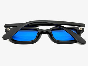 Classic Vintage Retro Style SUNGLASSES Geometric Matte Black Frame - Blue Lens 1257