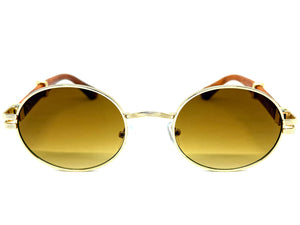 Classic Vintage Retro Hip Hop Style SUNGLASSES Oval Gold & Faux Wood Frame 27723