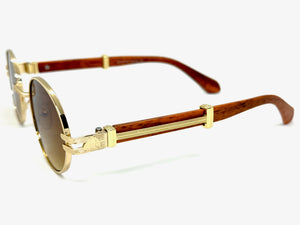 Classic Vintage Retro Hip Hop Style SUNGLASSES Oval Gold & Faux Wood Frame 27723