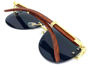 Classic Elegant Luxury Retro Hip Hop Style SUNGLASSES Gold & Wood Frame 7358