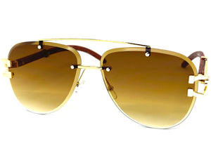 Classic Elegant Luxury Retro Hip Hop Style SUNGLASSES Gold & Wood Frame 7358