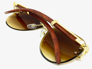 Classic Elegant Luxury Retro Hip Hop Style SUNGLASSES Gold & Wood Frame 7358