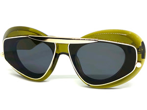 Exaggerated Classic Vintage Retro Style SUNGLASSES Funky Olive Green & Gold Frame 3022