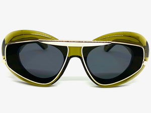 Exaggerated Classic Vintage Retro Style SUNGLASSES Funky Olive Green & Gold Frame 3022