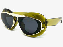 Exaggerated Classic Vintage Retro Style SUNGLASSES Funky Olive Green & Gold Frame 3022