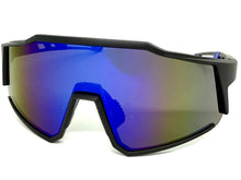 Oversized Sporty Wrap Around Shield SUNGLASSES Large Black Frame Blue Lens E2095
