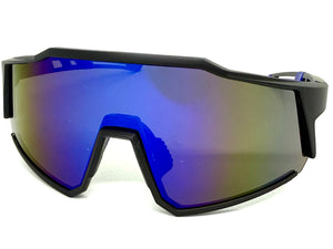 Oversized Sporty Wrap Around Shield SUNGLASSES Large Black Frame Blue Lens E2095