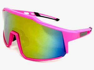 Oversized Sporty Wrap Around Shield SUNGLASSES Large Hot Pink Frame Gold Lens E2095