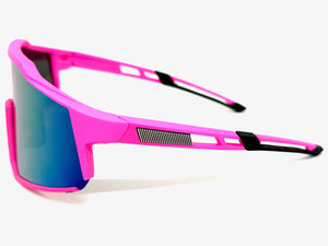Oversized Sporty Wrap Around Shield SUNGLASSES Large Hot Pink Frame Gold Lens E2095