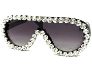 Oversized Exaggerated Retro Shield Style Bling Sunglasses Large Black Frame with Sparkling Rhinestones 80187