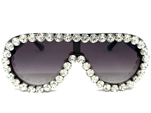 Oversized Exaggerated Retro Shield Style Bling Sunglasses Large Black Frame with Sparkling Rhinestones 80187