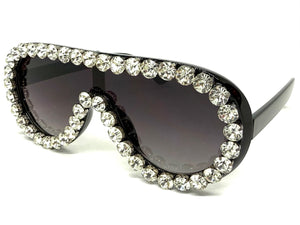 Oversized Exaggerated Retro Shield Style Bling Sunglasses Large Black Frame with Sparkling Rhinestones 80187
