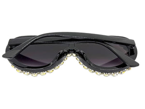 Oversized Exaggerated Retro Shield Style Bling Sunglasses Large Black Frame with Sparkling Rhinestones 80187