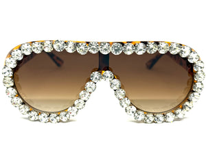 Oversized Exaggerated Retro Shield Style Bling Sunglasses Large Tortoise Frame with Sparkling Rhinestones 80187