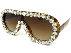 Oversized Exaggerated Retro Shield Style Bling Sunglasses Large Tortoise Frame with Sparkling Rhinestones 80187