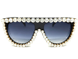 Oversized Exaggerated Retro Shield Style Bling Sunglasses Large Black Frame with Sparkling Rhinestones 6618