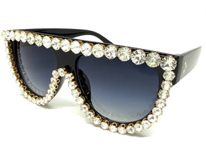 Oversized Exaggerated Retro Shield Style Bling Sunglasses Large Black Frame with Sparkling Rhinestones 6618