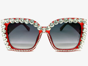 Oversized Exaggerated Retro Style Bling Sunglasses Large Red Frame with Sparkling Rhinestones 3250