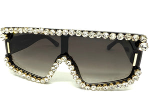 Oversized Exaggerated Retro Shield Style Bling Sunglasses Large Black Frame with Sparkling Rhinestones 80130
