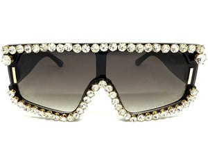 Oversized Exaggerated Retro Shield Style Bling Sunglasses Large Black Frame with Sparkling Rhinestones 80130