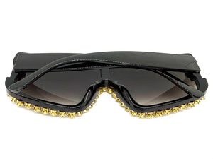 Oversized Exaggerated Retro Shield Style Bling Sunglasses Large Black Frame with Sparkling Rhinestones 80130