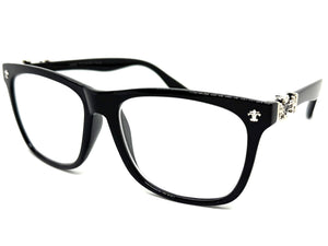 Classic Vintage Retro Style READING GLASSES READERS Black Frame Silver Cross Lens Strength +1.50