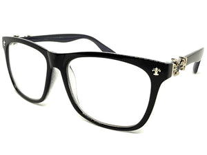 Classic Vintage Retro Style READING GLASSES READERS Black Frame Silver Cross Lens Strength +1.50