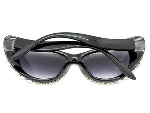 Oversized Exaggerated Retro Cat Eye Style Bling Sunglasses Large Black Frame with Sparkling Crystals 4598