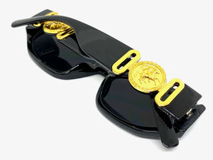 Classic Luxury Designer Hip Hop Style SUNGLASSES Black Frame with Gold Medallion 80509