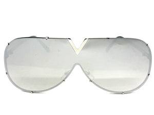 Oversized Sleek Modern Retro Shield Style SUNGLASSES Large Silver Frame 4624