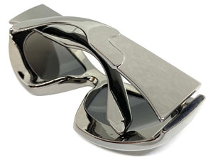 Oversized Modern Futuristic Biker Sporty Wrap SUNGLASSES Thick Gray Chrome Frame 80621