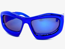 Oversized Modern Futuristic Biker Sporty Wrap SUNGLASSES Thick Blue Chrome Frame 80621