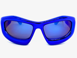 Oversized Modern Futuristic Biker Sporty Wrap SUNGLASSES Thick Blue Chrome Frame 80621